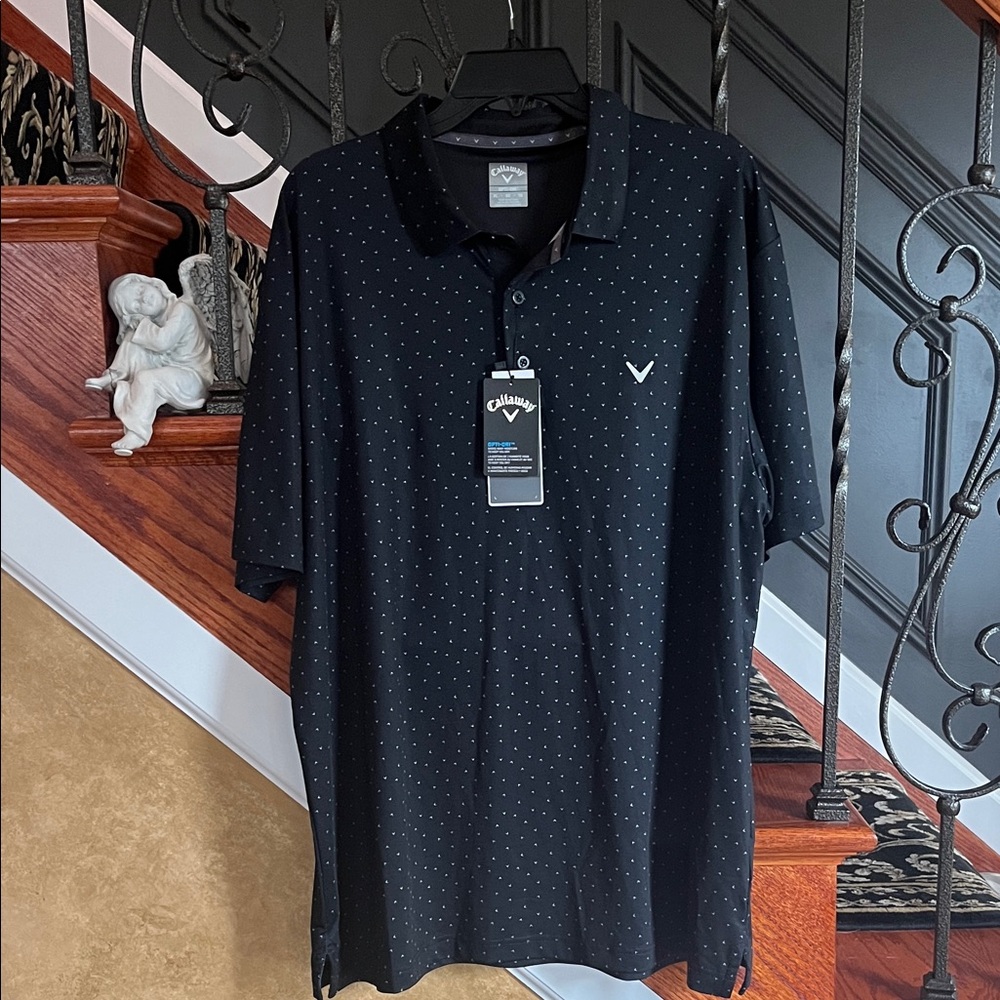 Callaway Men's Black Button Short Sleeve Polo with White Allover Print Size XL